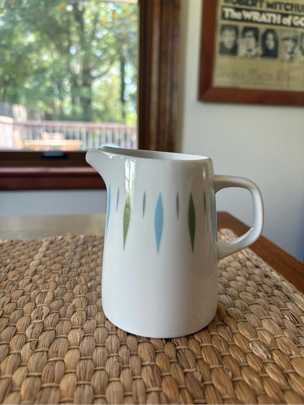 Mid-Century Style White Ceramic Creamer with Blue & Green Accents
